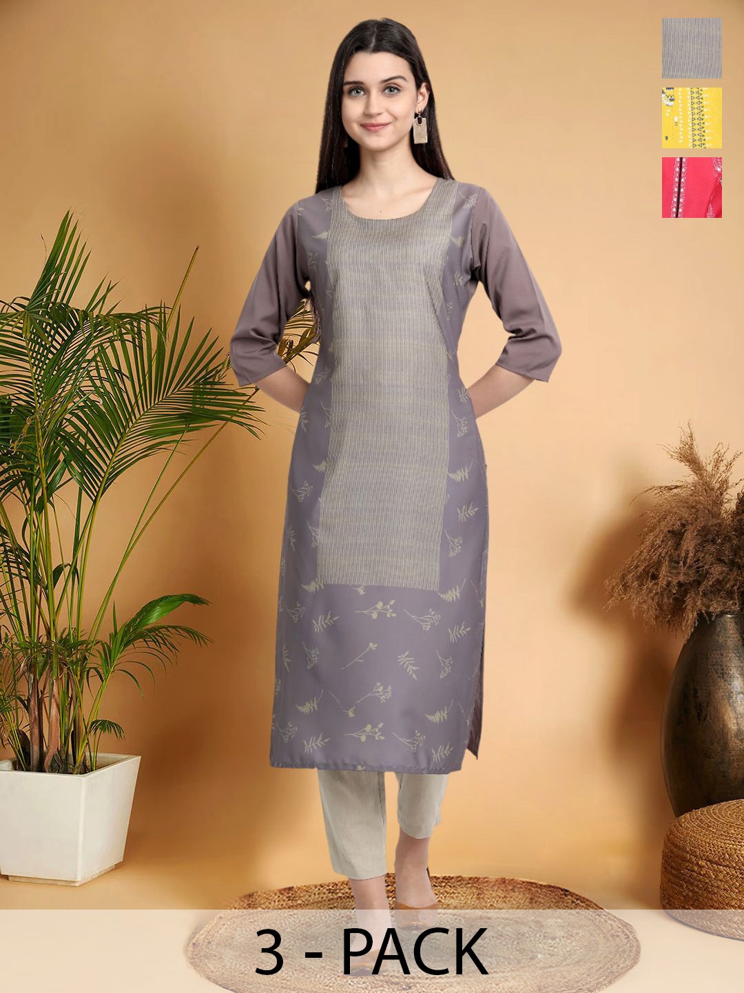 

7Threads Selection Of 3 Ethnic Motifs Printed Round Neck Straight Kurtas, Grey