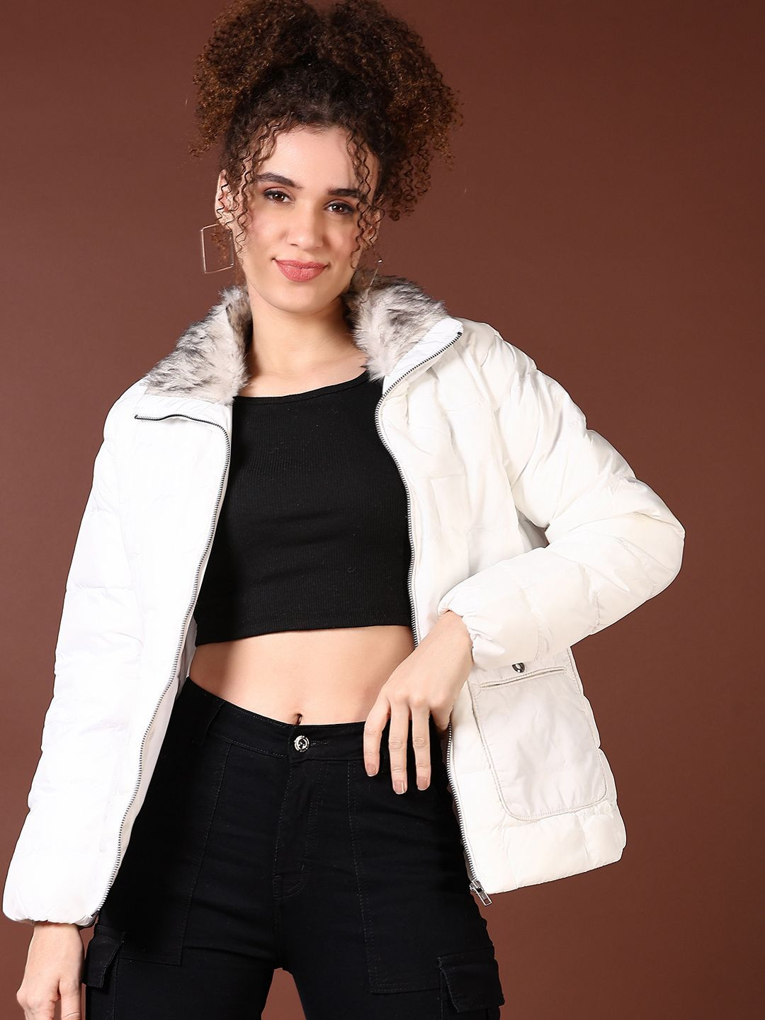 

V-Mart Women Mock Collar Solid Cotton Casual Parka Jacket, White