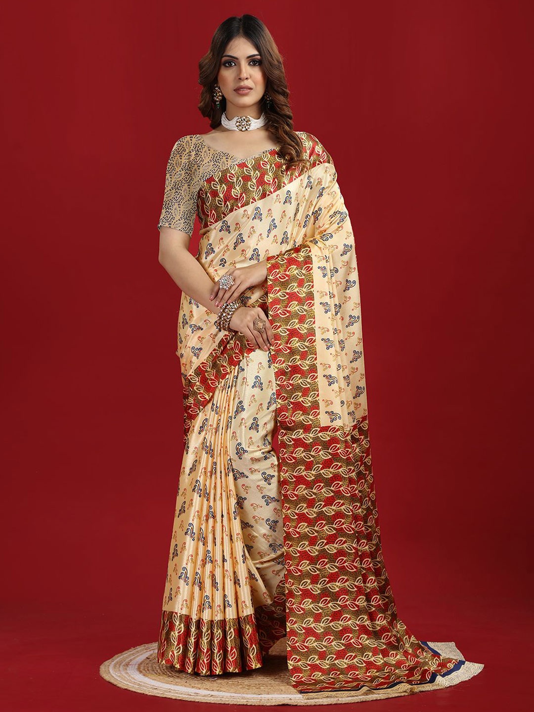 

A.V.M. SILK MILLS Ethnic Motifs Printed Pure Crepe Saree, Beige