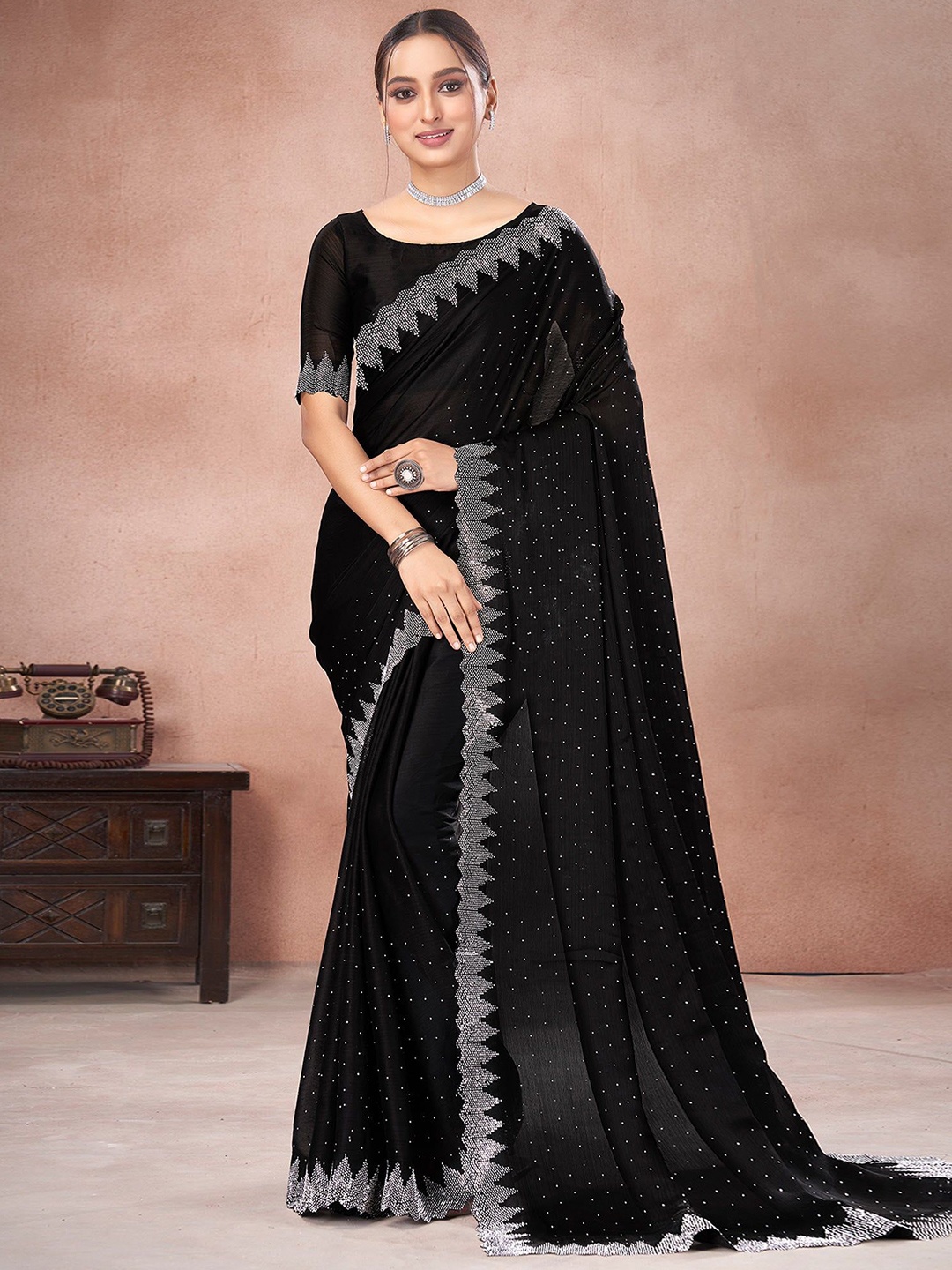 

Peachmode Embellished Beads and Stones Satin Saree, Black