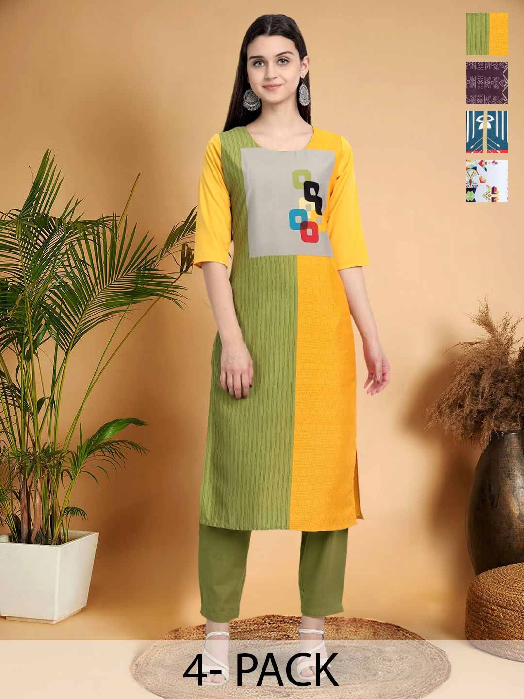 

7Threads Selection Of 4 Colourblocked Printed Round Neck Straight Kurtas, Yellow