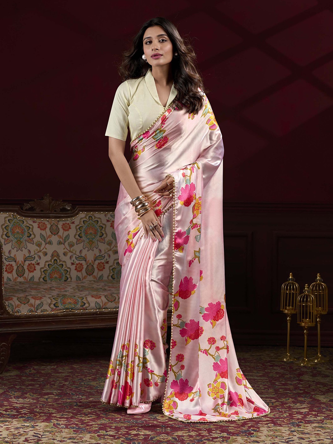 

MADHAVPRIYA Floral Beads and Stones Satin Saree, Peach