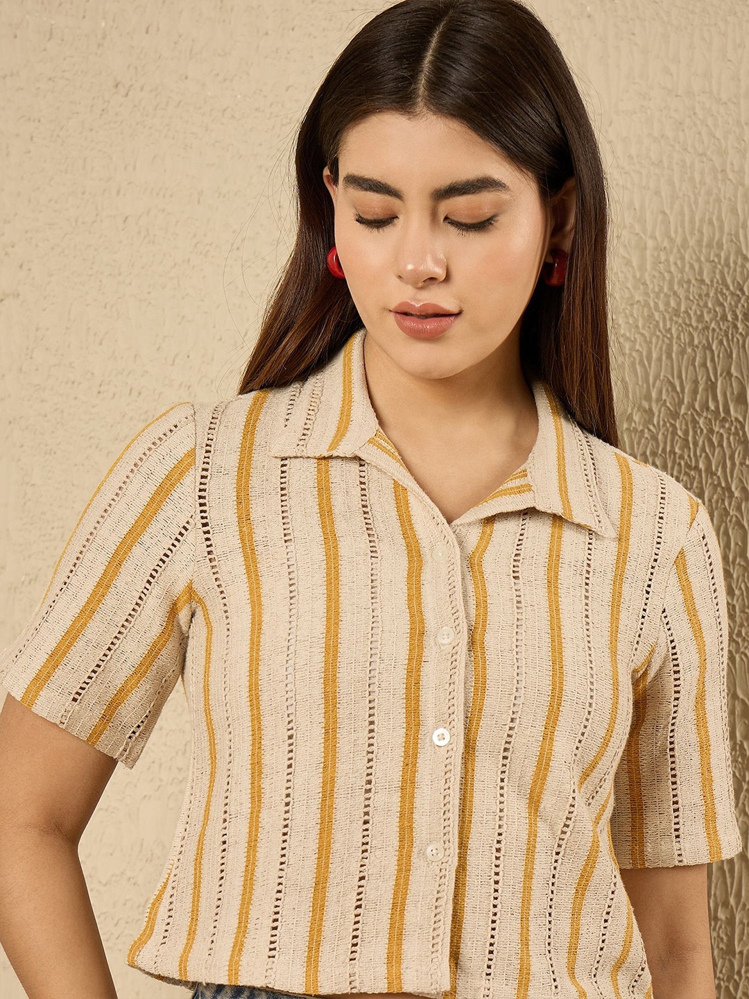 

all about you Women Cutaway Collar Vertical Striped Cotton Casual Shirt, Beige
