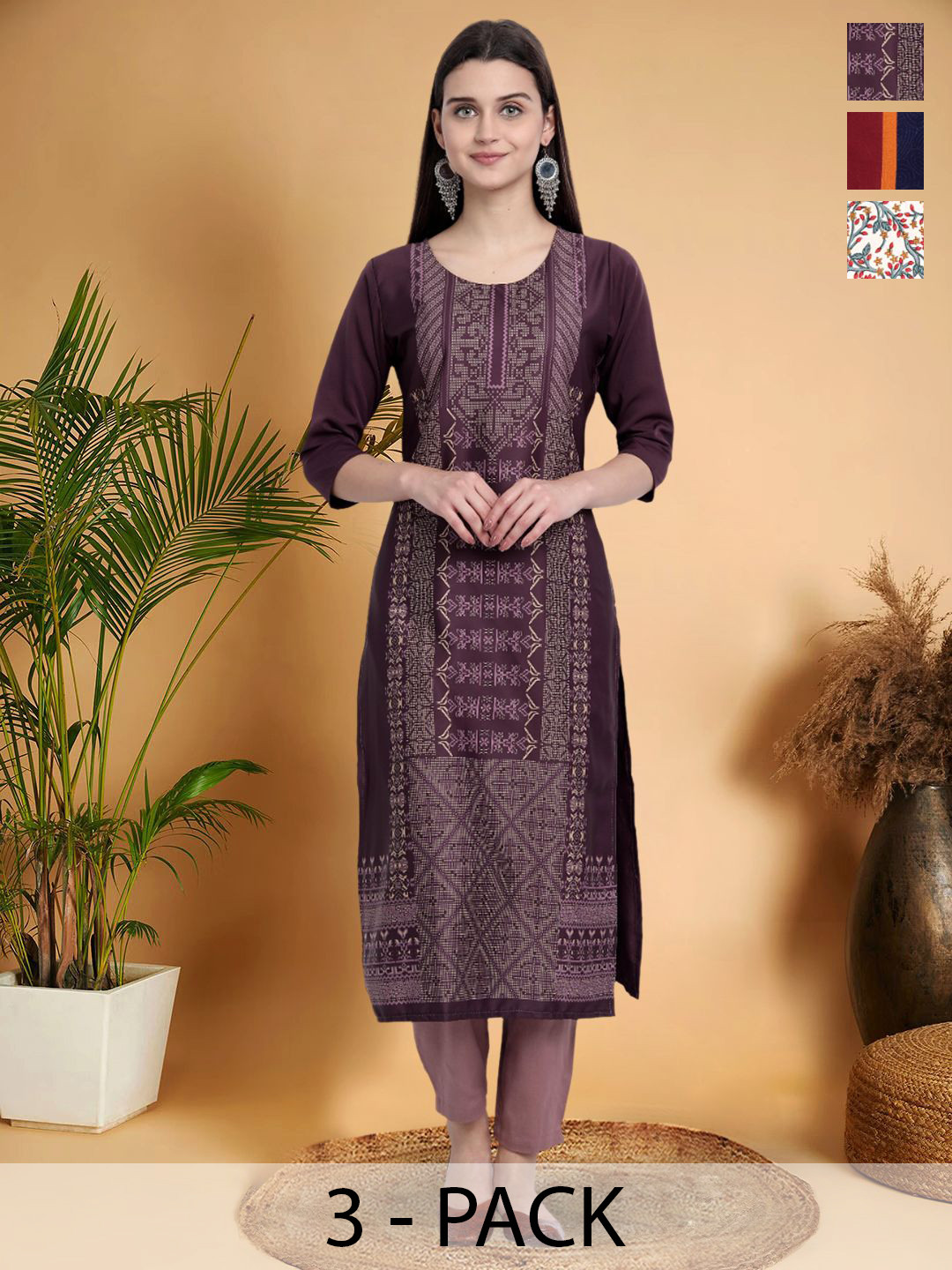 

7Threads Selection Of 3 Geometric Printed Round Neck Straight Kurtas, Brown