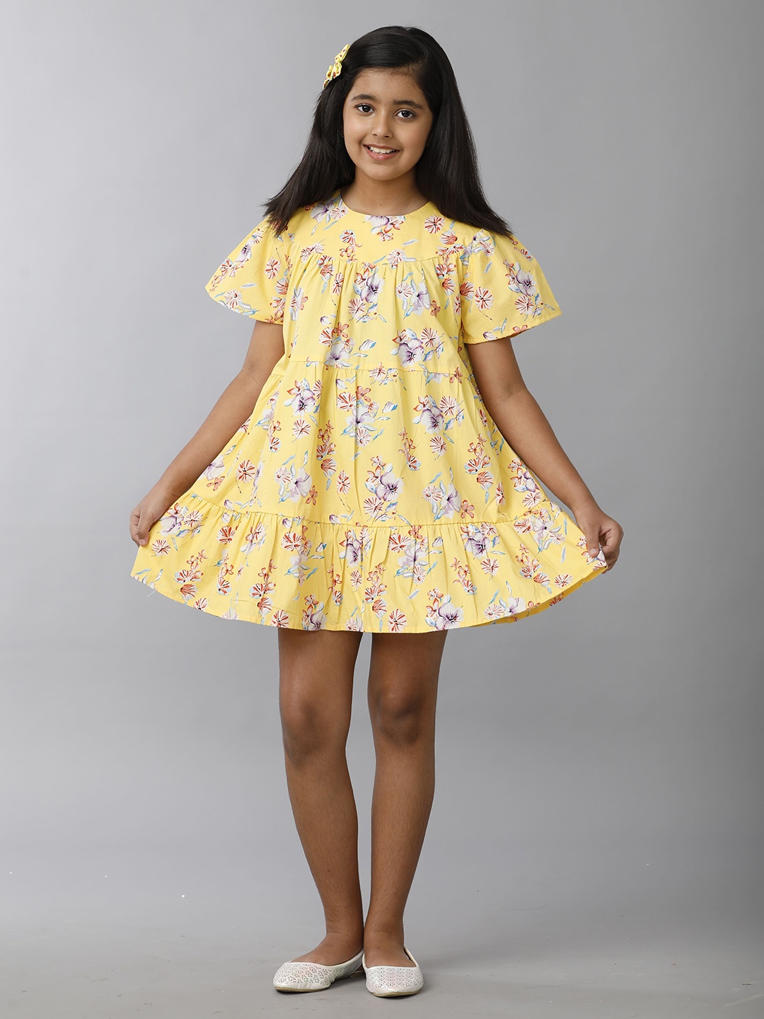 

UNDER FOURTEEN ONLY Girls Floral Printed Flared Sleeve A-Line Cotton Dress, Yellow