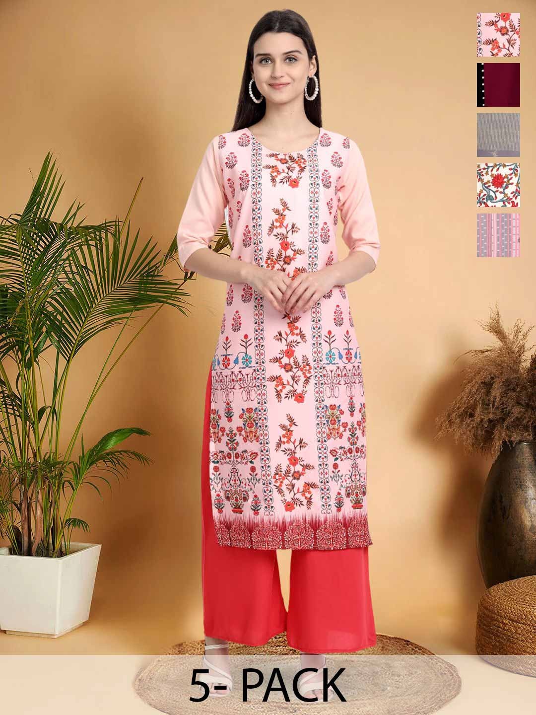 

7Threads Selection Of 5 Floral Printed Straight Kurtas, Pink