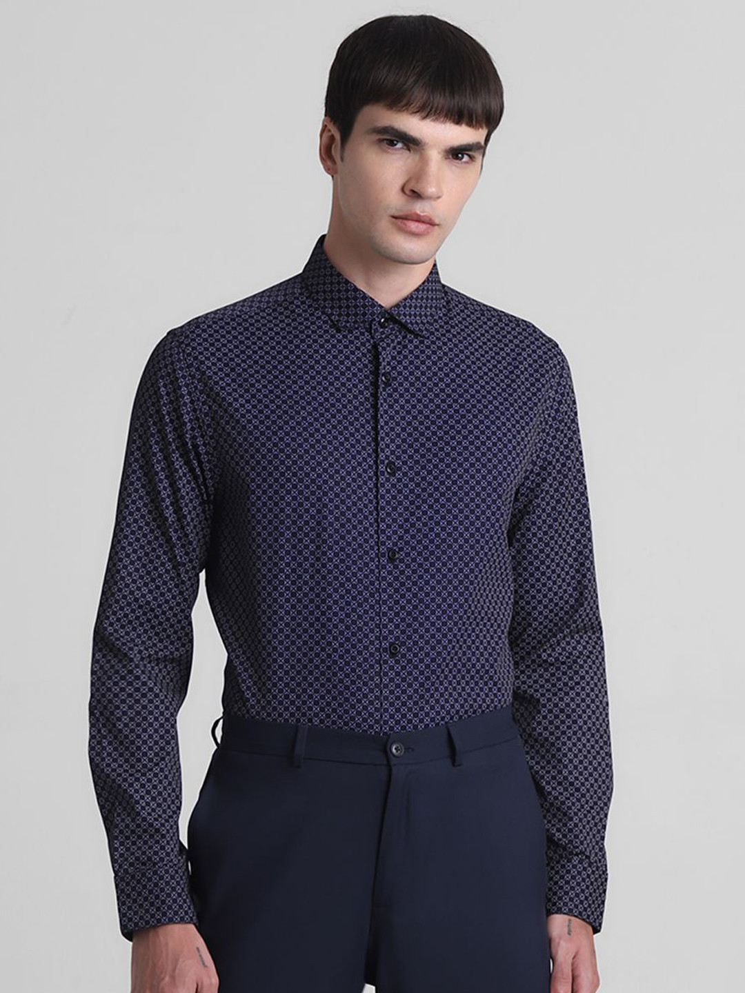 

Jack & Jones Men Slim Fit Spread Collar Micro Ditsy Printed Cotton Casual Shirt, Navy blue