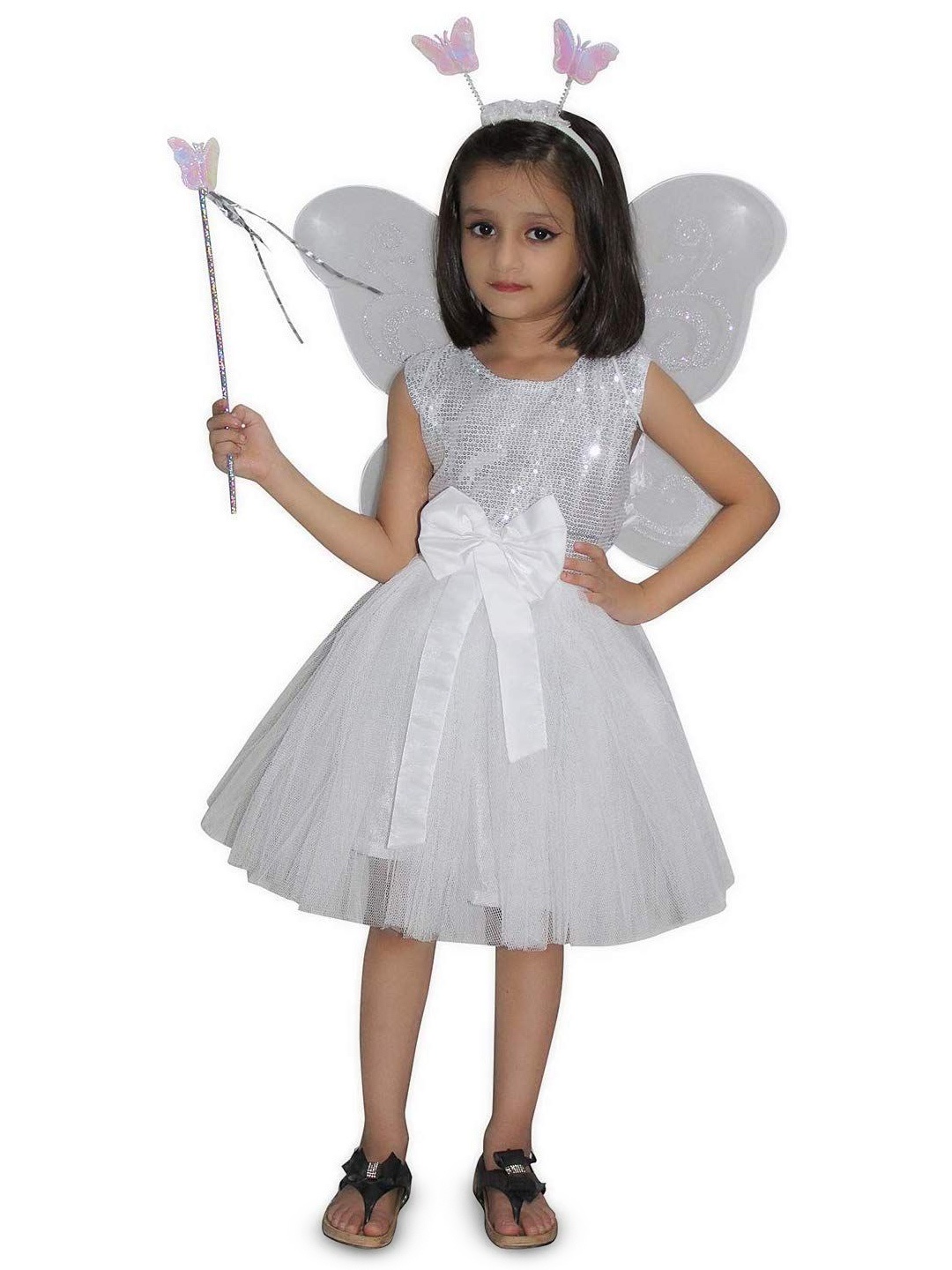 

Kaku Fancy dresses Girls Butterfly Insect Costume Embellished Fit & Flare Dress & Wings, White