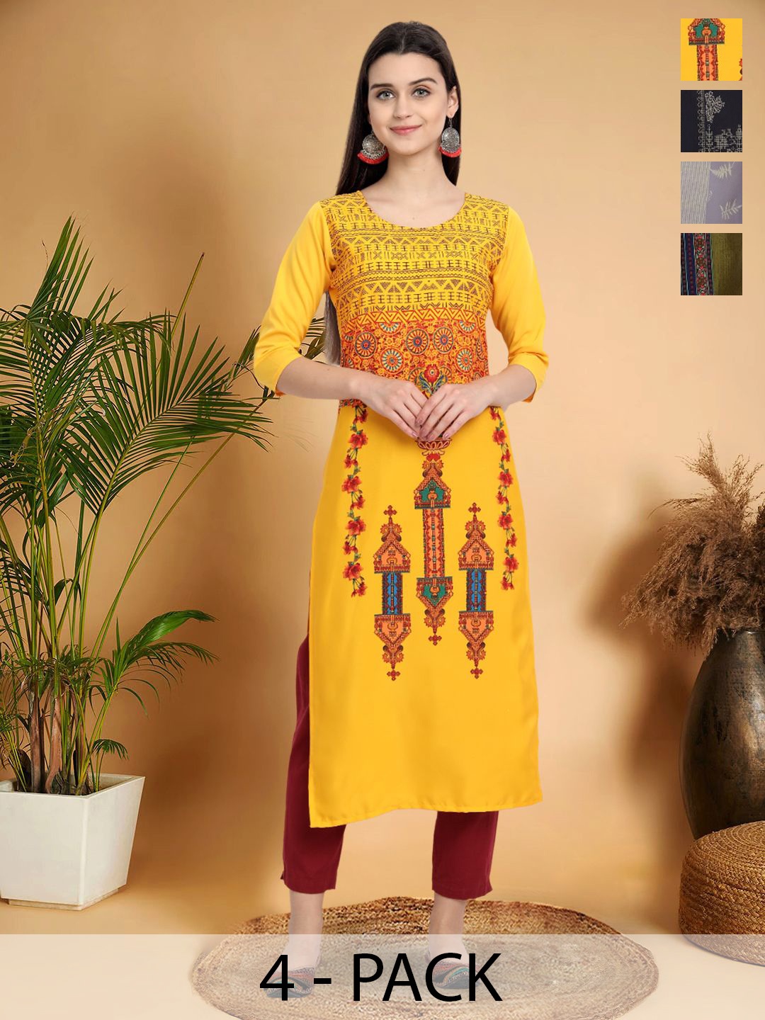 

7Threads Selection Of 4 Floral Printed Round Neck Straight Kurtas, Yellow