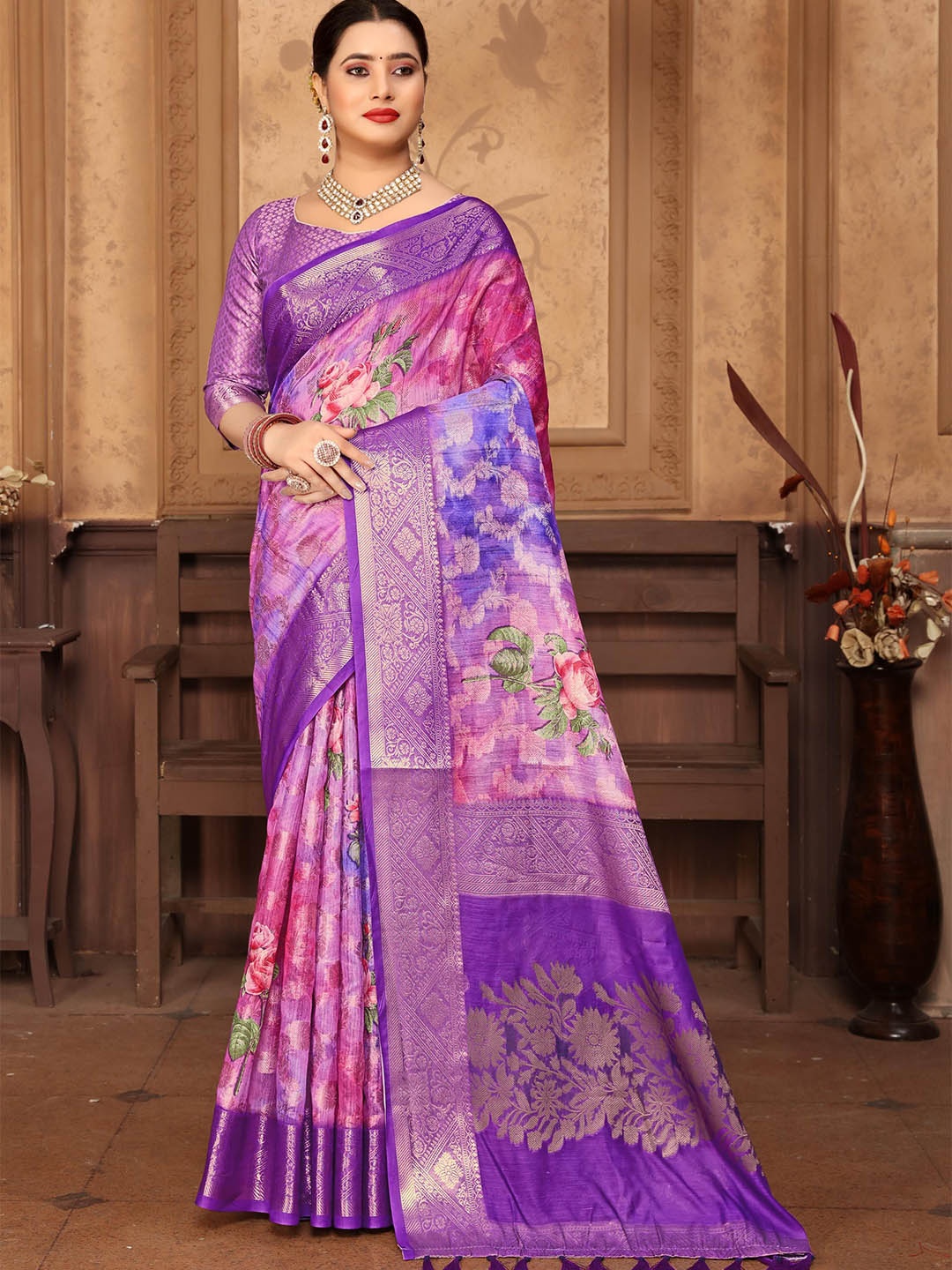 

A.V.M. SILK MILLS Ethnic Motifs Zari Saree, Purple