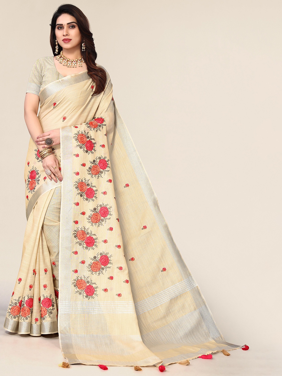 

A.V.M. SILK MILLS Ethnic Motifs Zari Pure Cotton Saree, Yellow