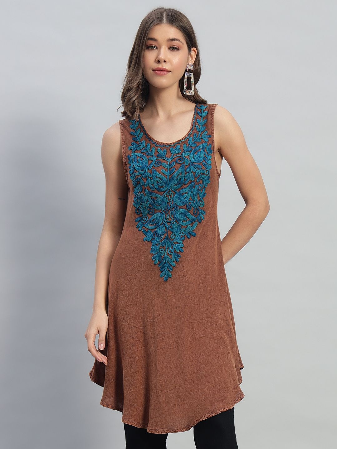 

VELDRESS Floral Embroidered A-Line Mini Dress, Brown