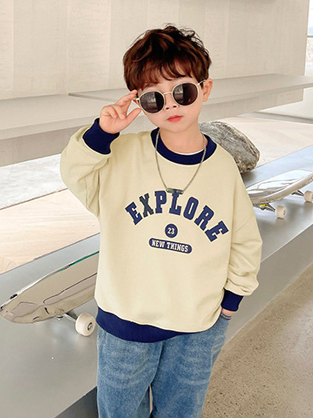 

LULU & SKY Boys Typographic Printed Pullover Sweatshirt, Beige