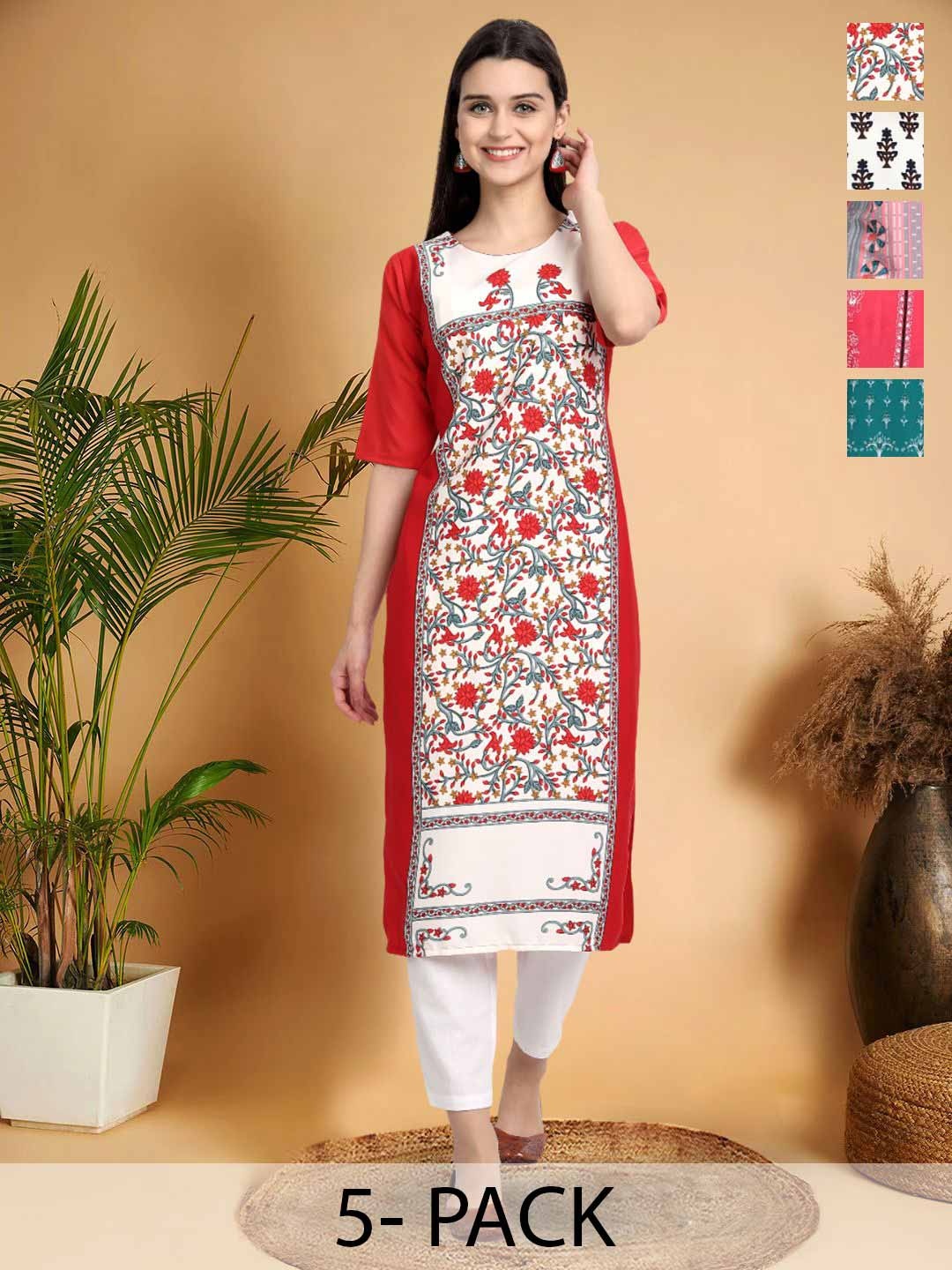 

7Threads Selection of 5 Ethnic Motifs Printed Round Neck Straight Kurta, White