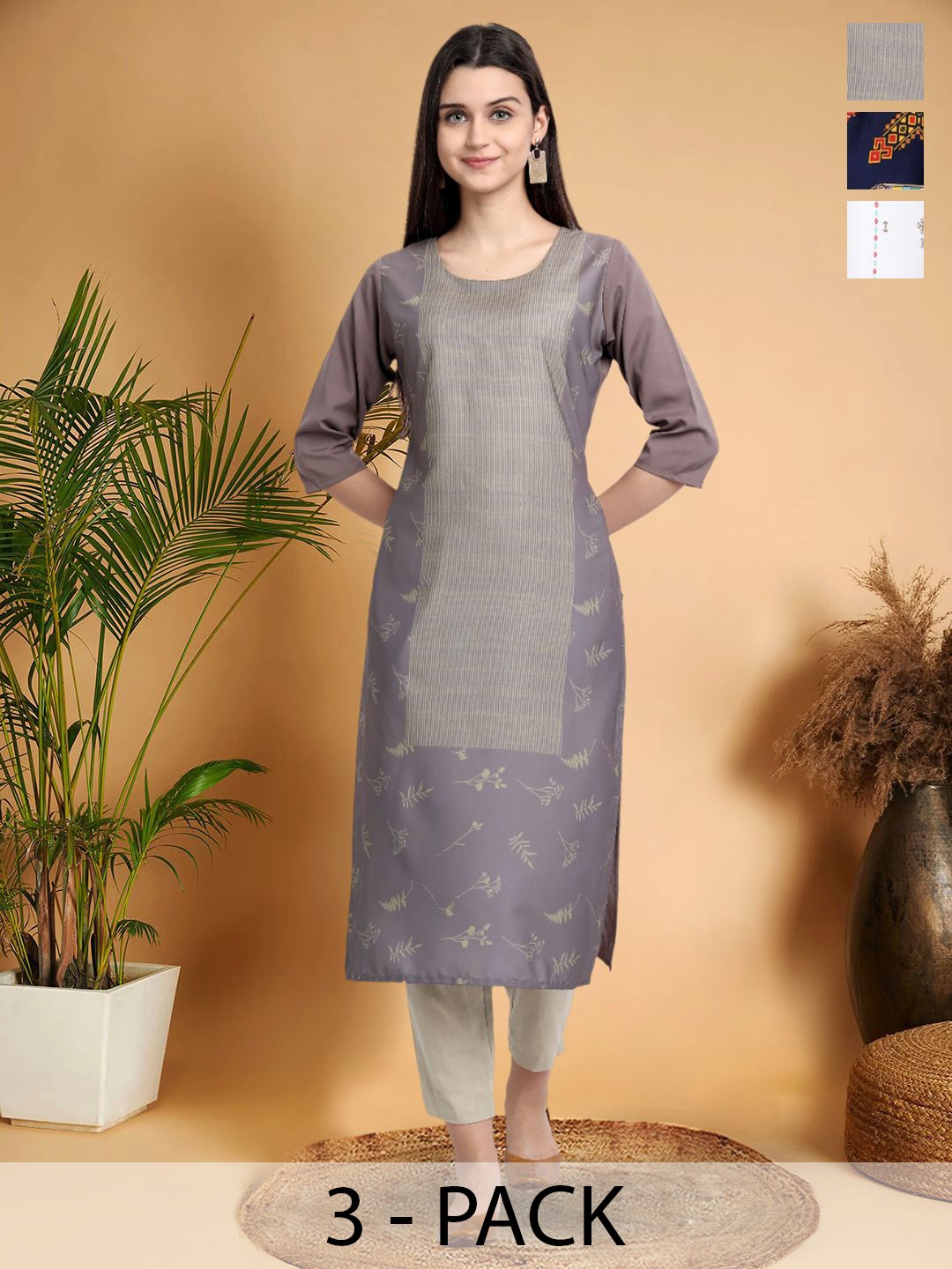 

7Threads Selection Of 3 Ethnic Motifs Printed Round Neck Straight Kurtas, Grey