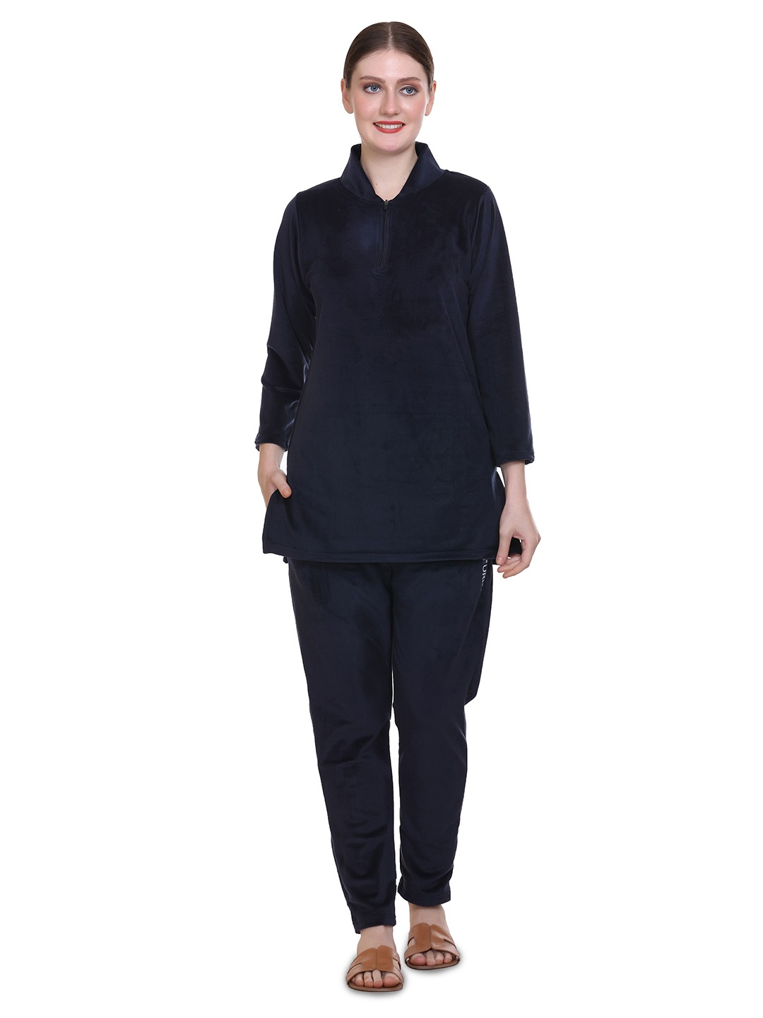 

URBE-URBAN EVOLUTION Mandarin Collar Longline Velvet Top With Pyjama, Navy blue