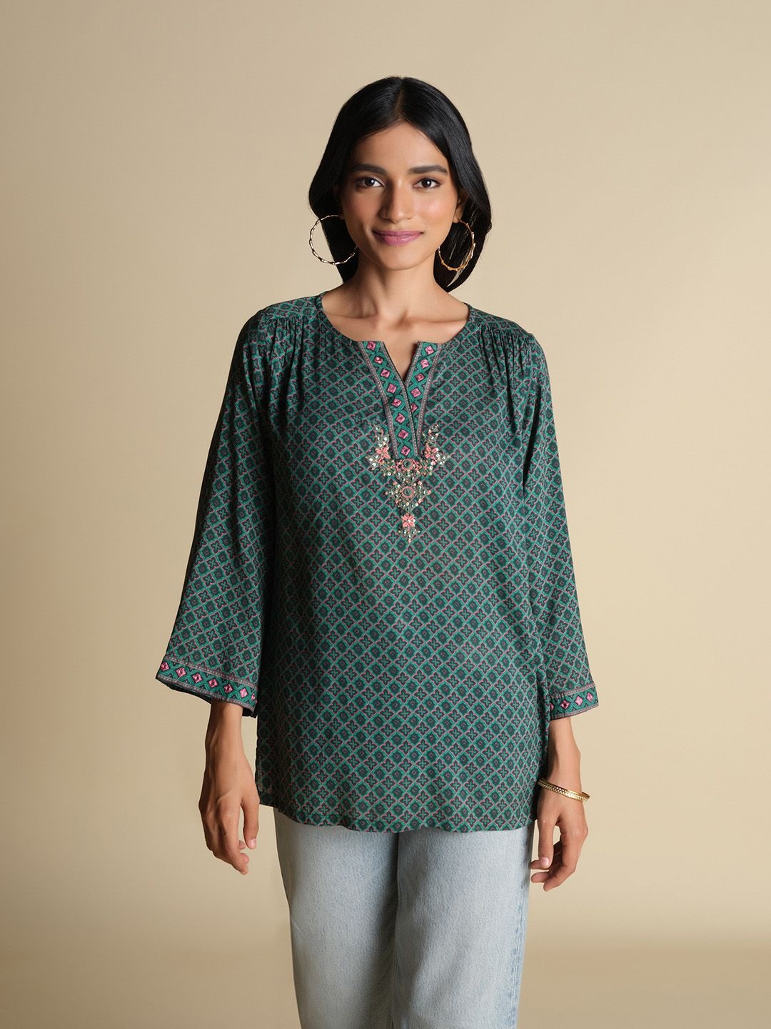 

Global Desi Women Pure Cotton Flared Sleeve Kurti, Green