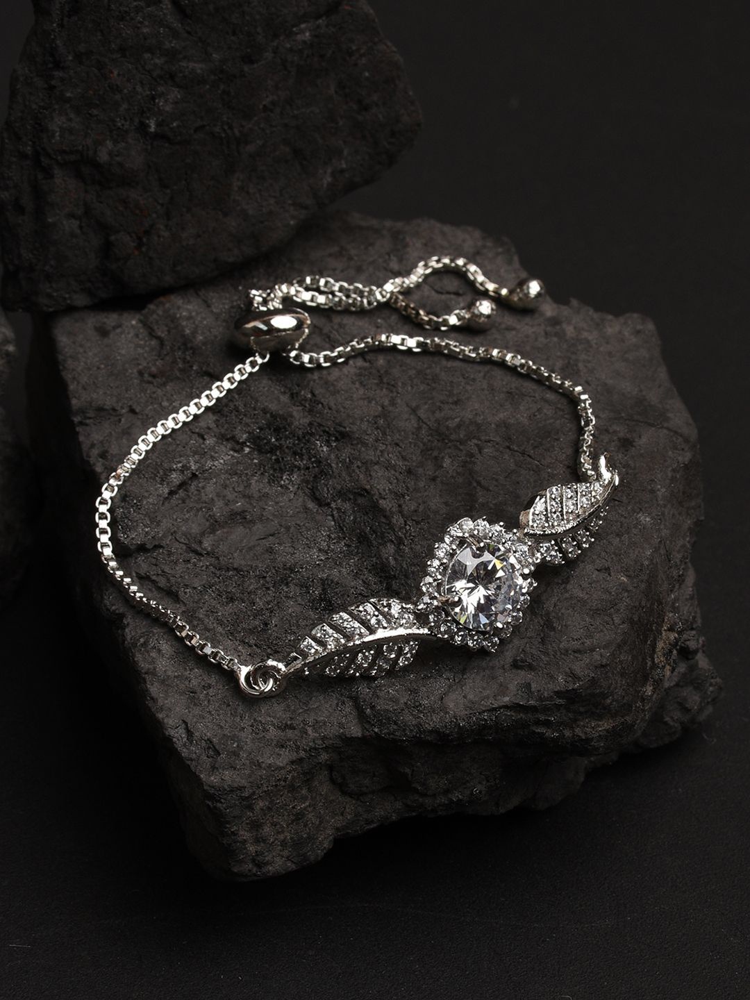 

XPNSV Silver-Plated American Diamond Studded Crystal Leaf Charm Bracelet
