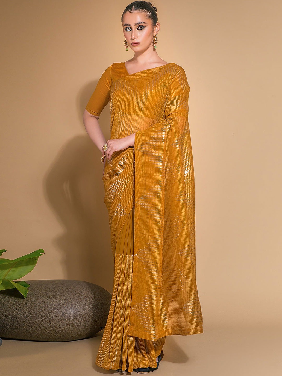 

Peachmode Embellished Sequinned Pure Georgette Saree, Mustard