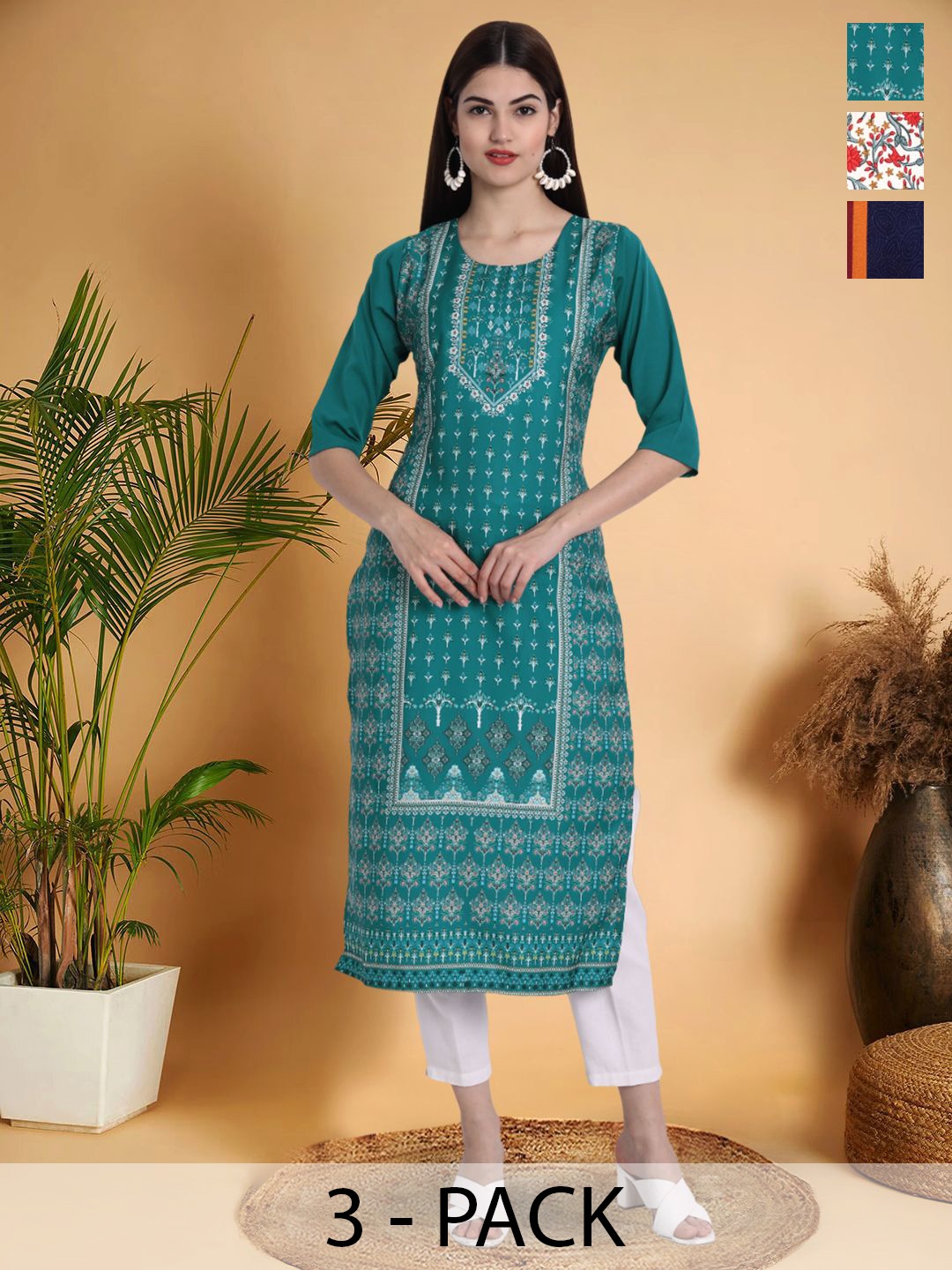 

7Threads Selection Of 3 Ethnic Motifs Printed Round Neck Straight Kurtas, Green