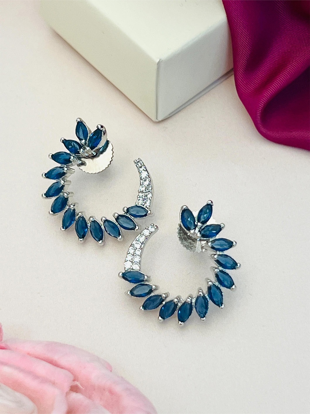 

ABDESIGNS Silver-Plated Classic American Diamond Studded Drop Earrings