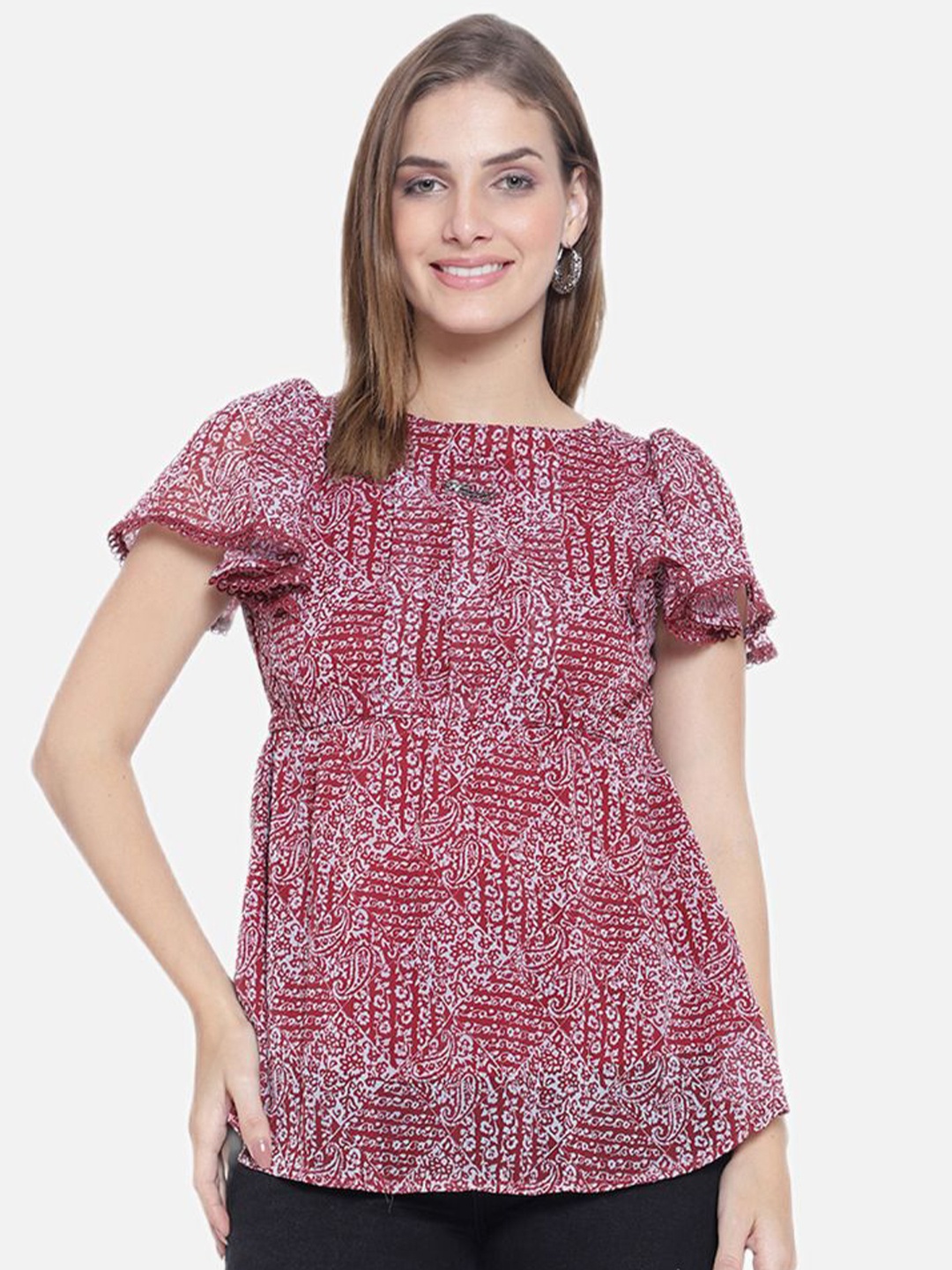 

Moda Rapido Women Printed Flutter Sleeve A-Line Top, Maroon