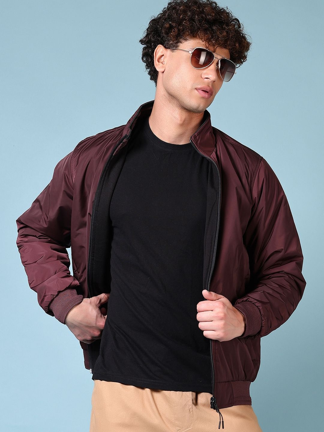 

V-Mart Men Mock Collar Solid Cotton Casual Reversible Bomber Jacket, Burgundy