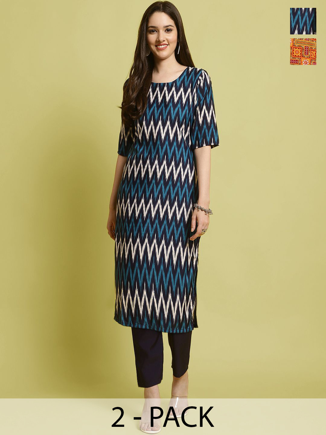 

7Threads Selection Of 2 Chevron Printed Straight Kurta With Trousers, Navy blue