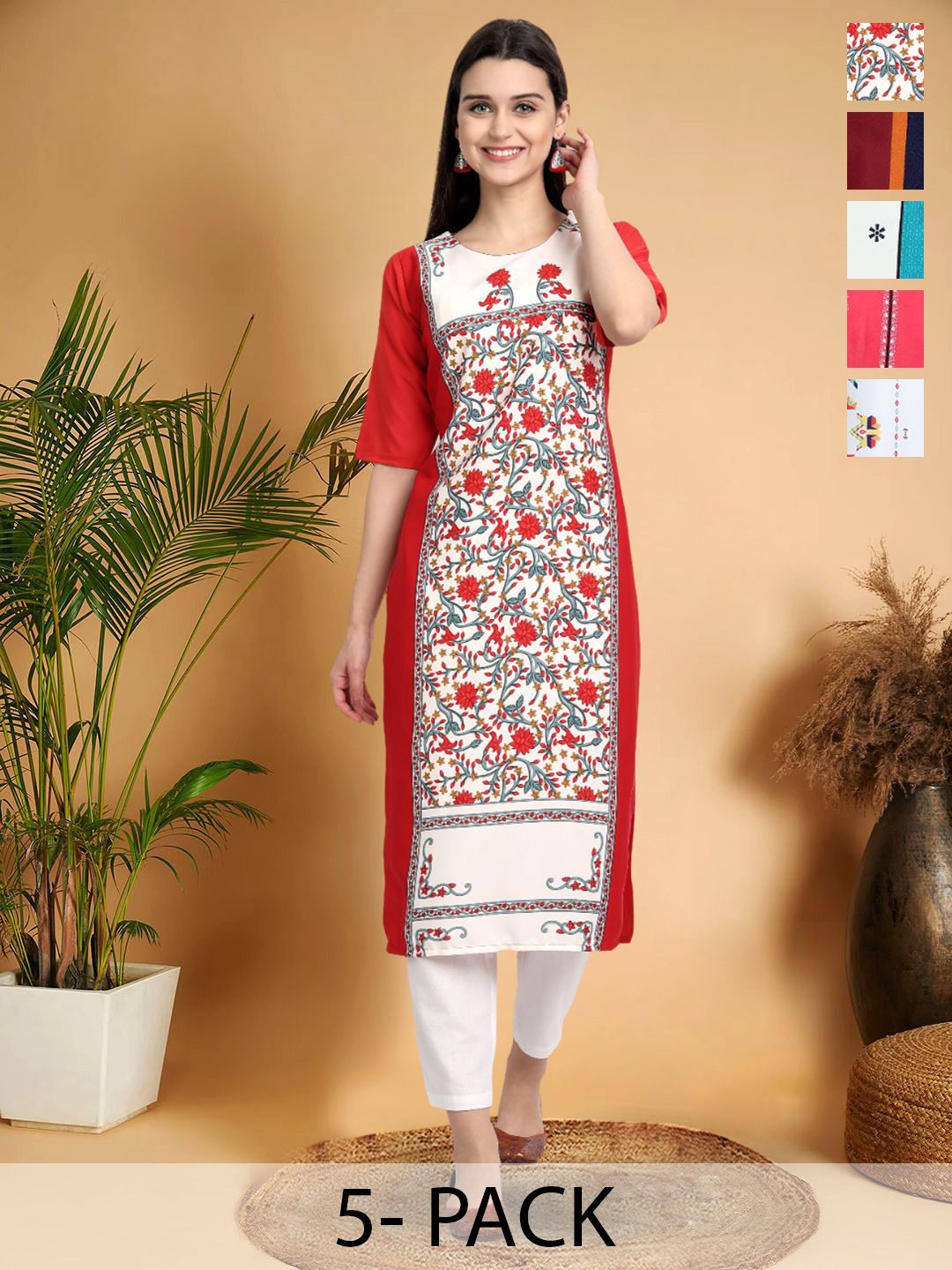 

7Threads Selection Of 5 Floral Printed Round Neck Straight Kurtas, Red