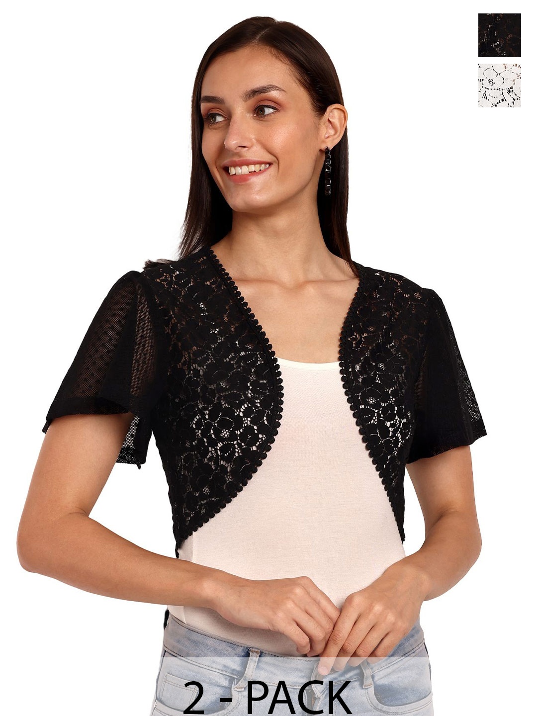 

Espresso Pack Of 2 Self Design Lace Open Front Shrug, Off white