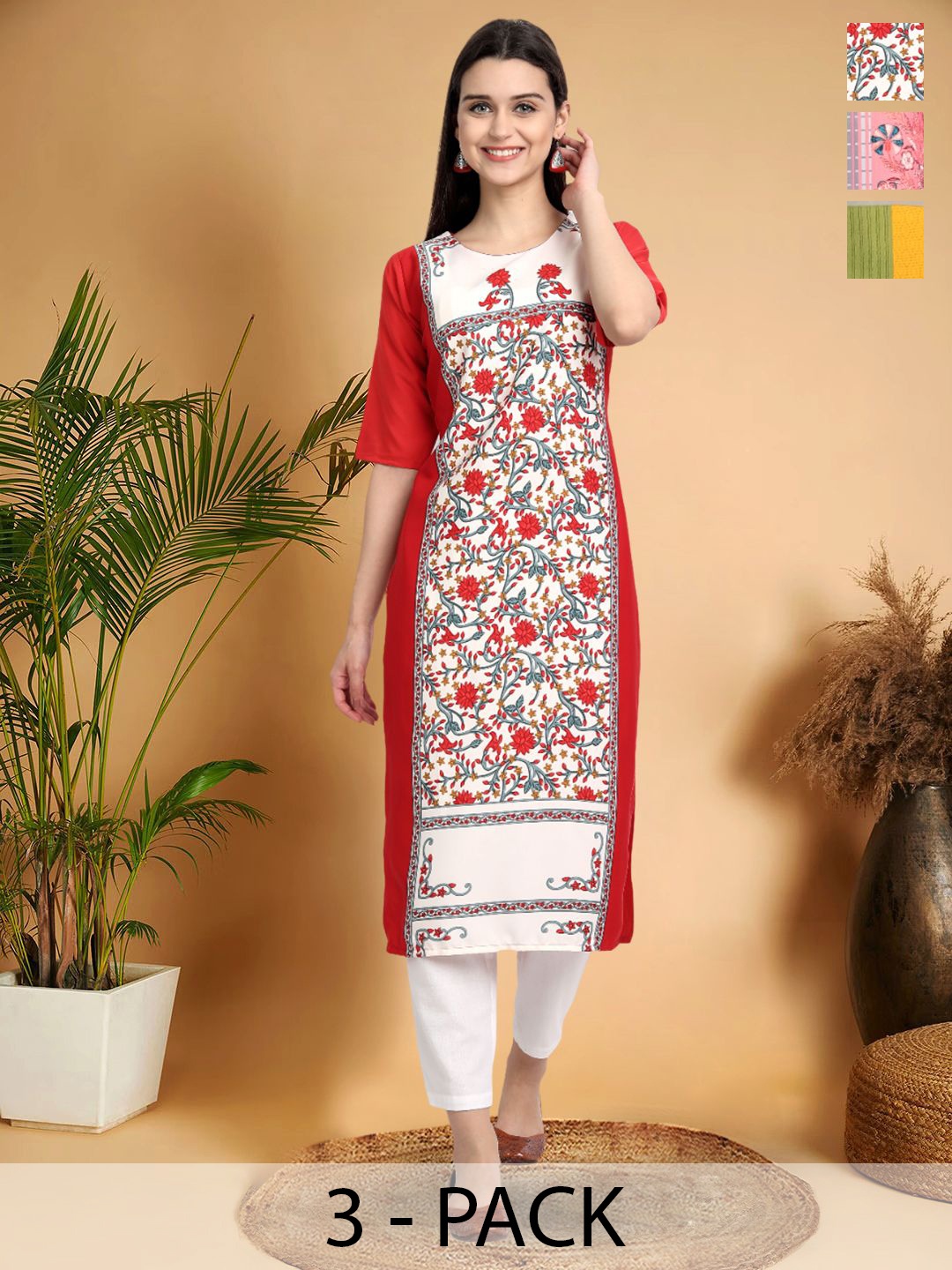 

7Threads Selection Of 3 Floral Printed Round Neck Straight Kurtas, Red