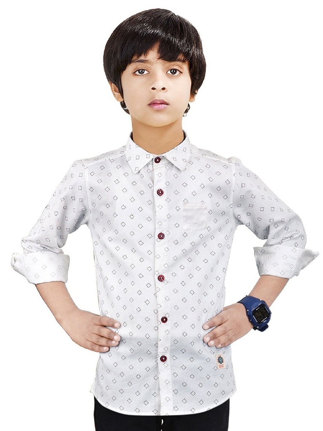 

MADE IN THE SHADE Boys Spread Collar Geometric Printed Cotton Casual Shirt, White