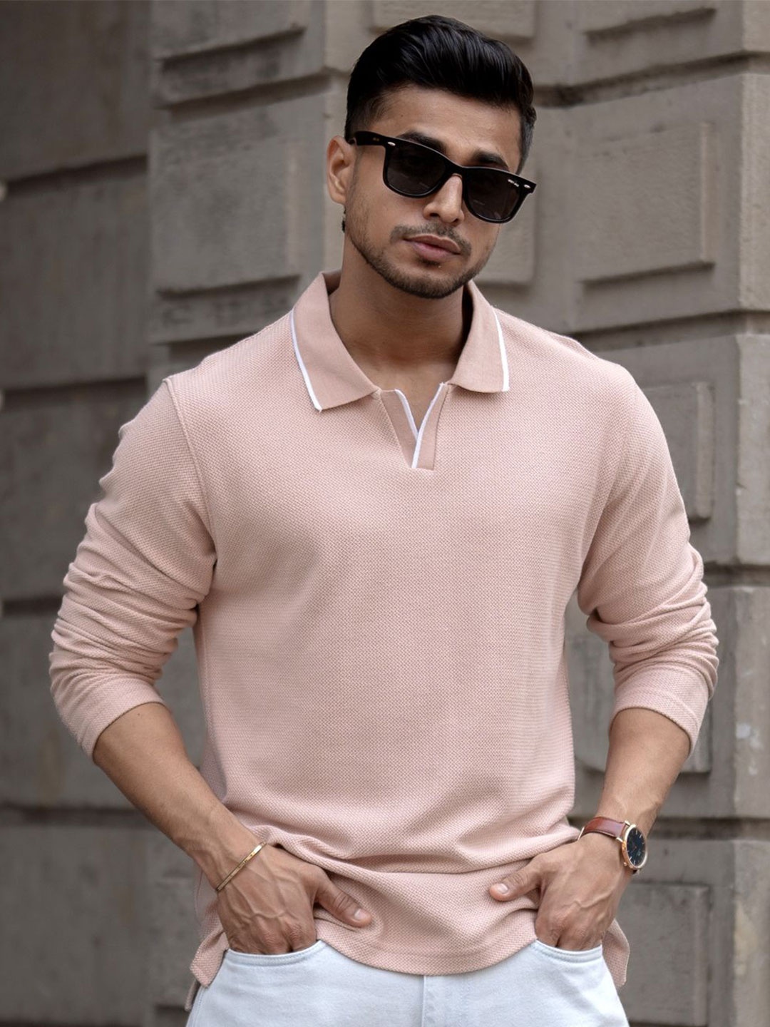 

Powerlook Men Solid Polo Collar Cotton T-shirt, Peach