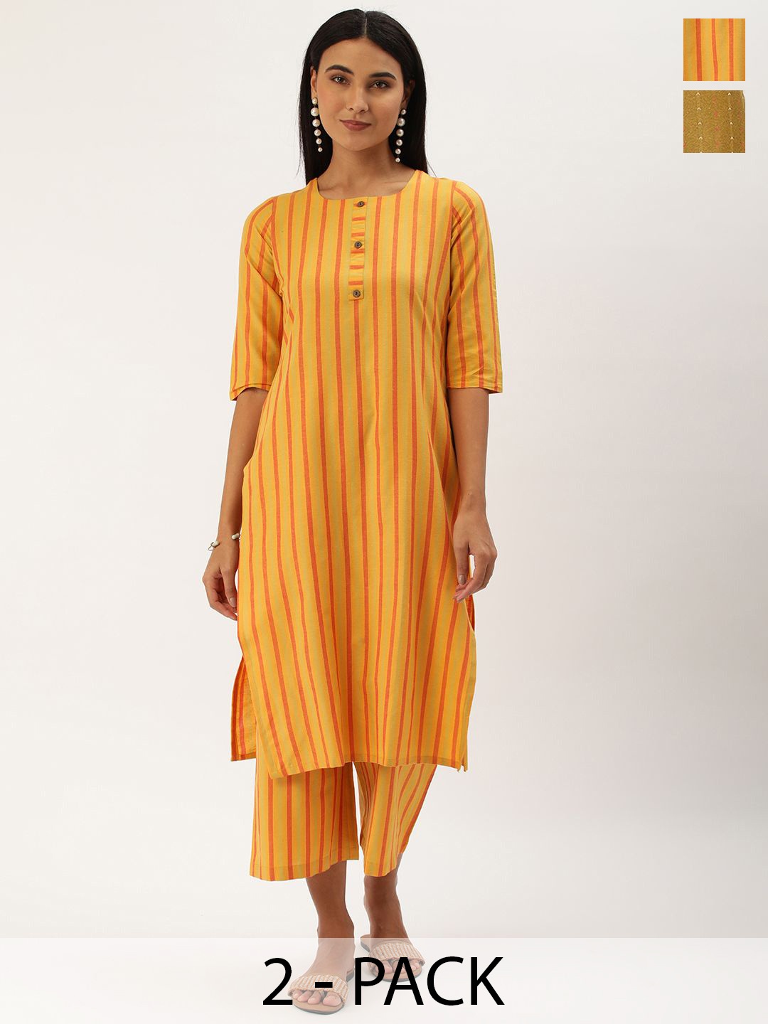

KALINI Selection Of 2 Striped Printed Straight Kurtas With Trousers, Yellow