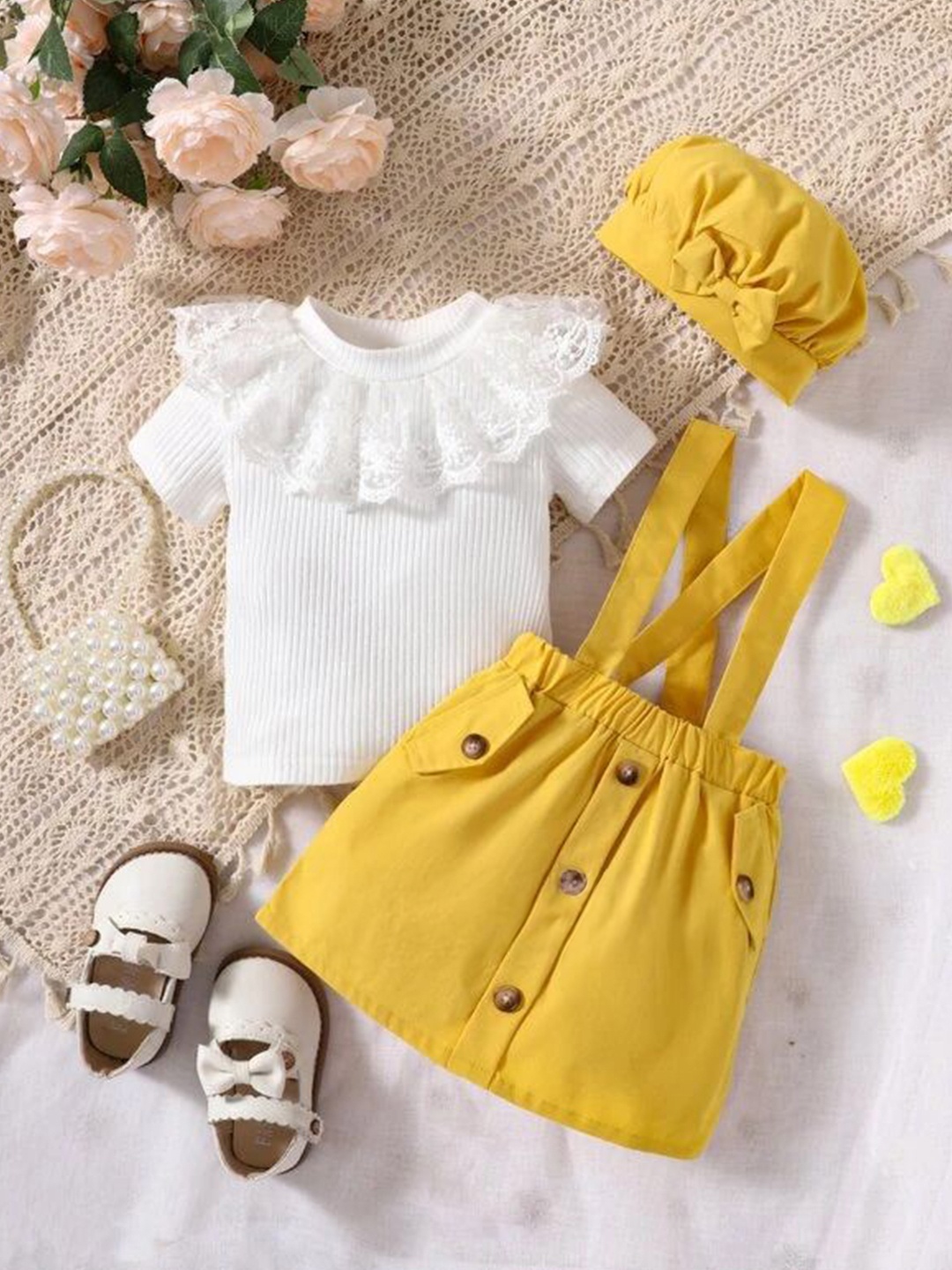 

BAESD Girls Shoulder Straps Sleeveless Dungarees With Top & Cap, Yellow