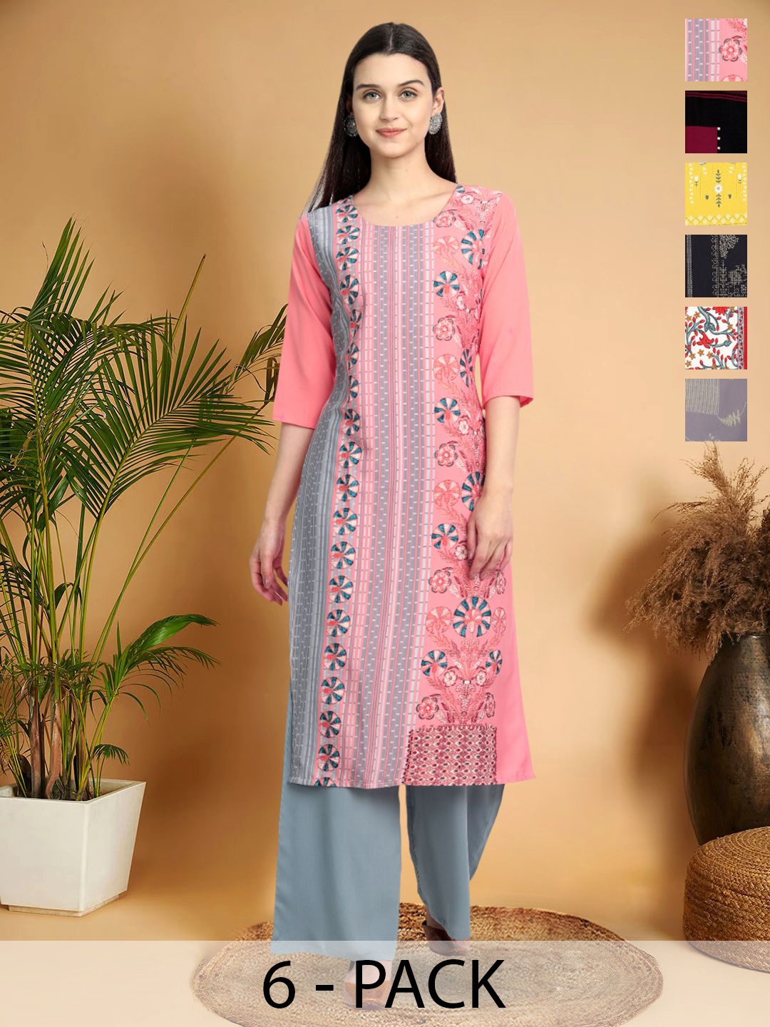 

7Threads Selection Of 6 Ethnic Motifs Printed Round Neck Kurtas, Pink