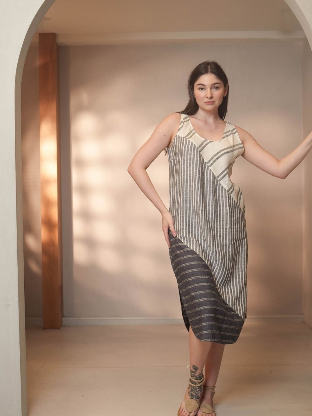 

Fabulous Women Sleeveless Striped Fit & Flare Midi Dress, White