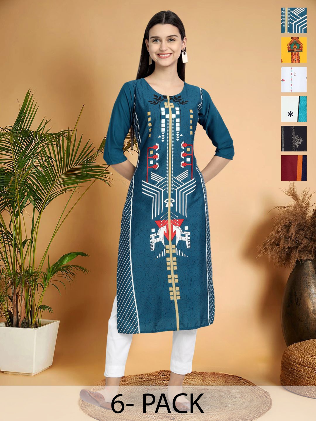 

7Threads Selection Of 6 Geometric Printed Round Neck Kurtas, Blue