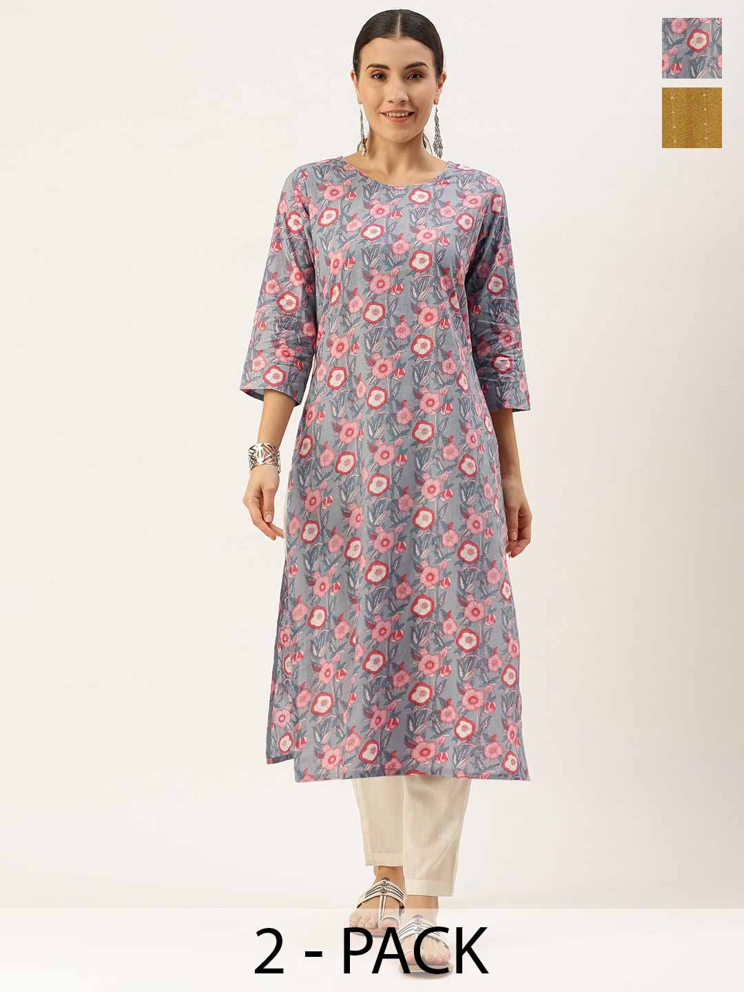 

KALINI Selection Of 2 Floral Printed Straight Kurtas With Trousers, Grey