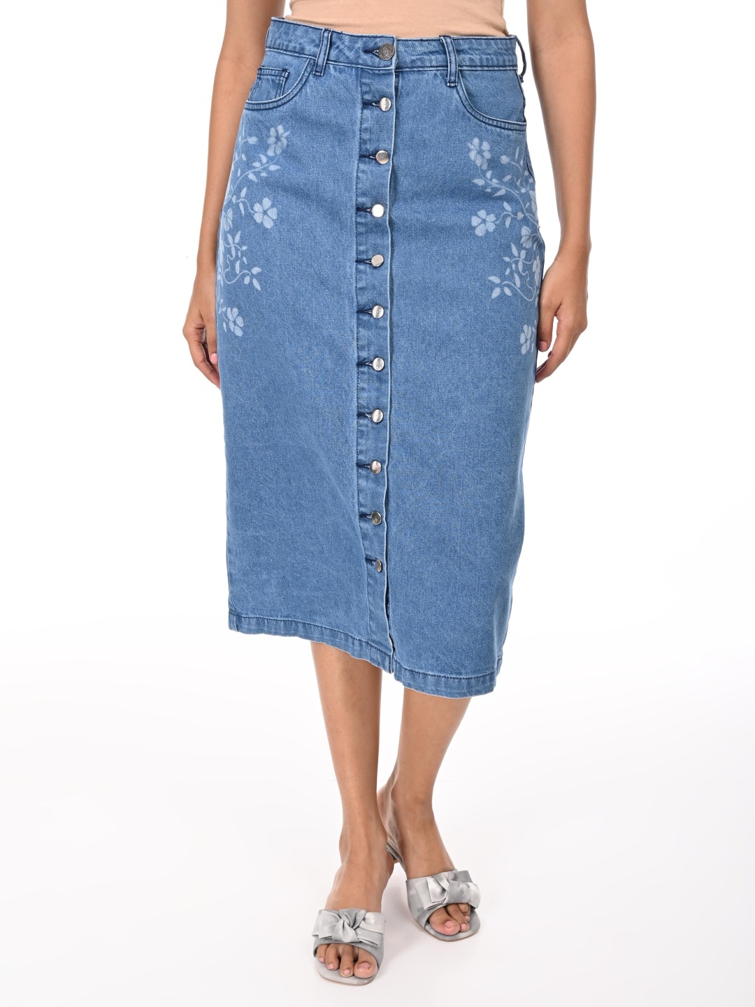 

URBAN POCHE Printed Pure Cotton A-line Midi Skirt, Blue