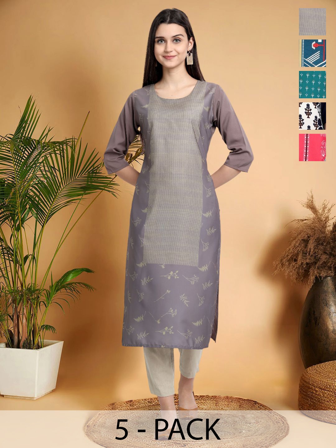

7Threads Selection Of 5 Floral Round Neck Straight Kurtas, Blue