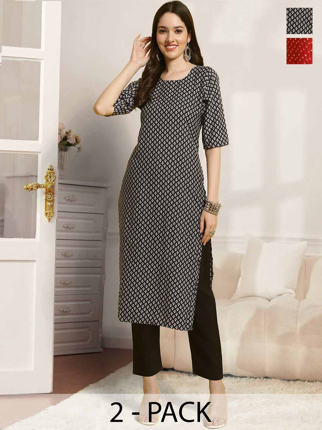 

7Threads Selection Of 2 Floral Printed Straight Kurtas With Trousers, Red