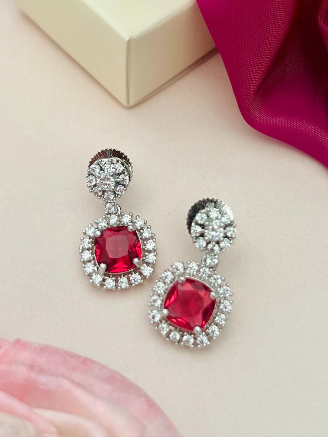 

ABDESIGNS Silver-Plated Classic American Diamond Studded Drop Earrings