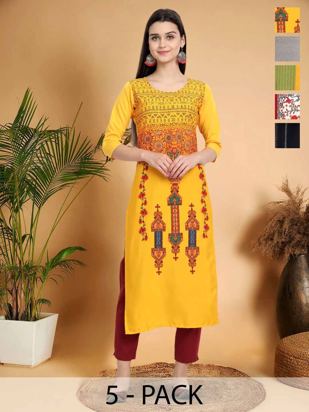 

7Threads Selection Of 5 Ethnic Motifs Printed Round Neck Straight Kurtas, Mustard