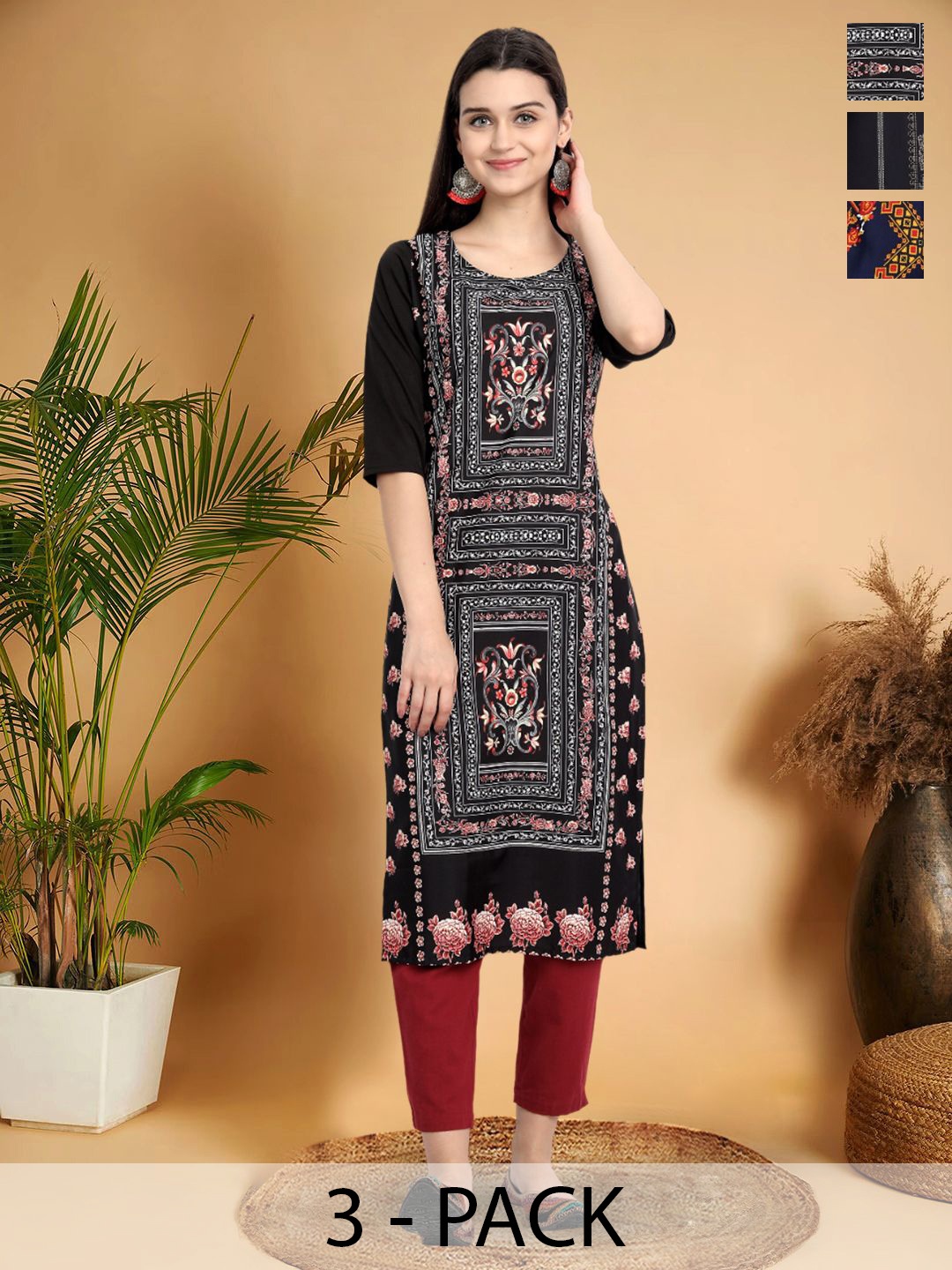 

7Threads Selection Of 3 Ethnic Motifs Printed Straight Kurtas, Black