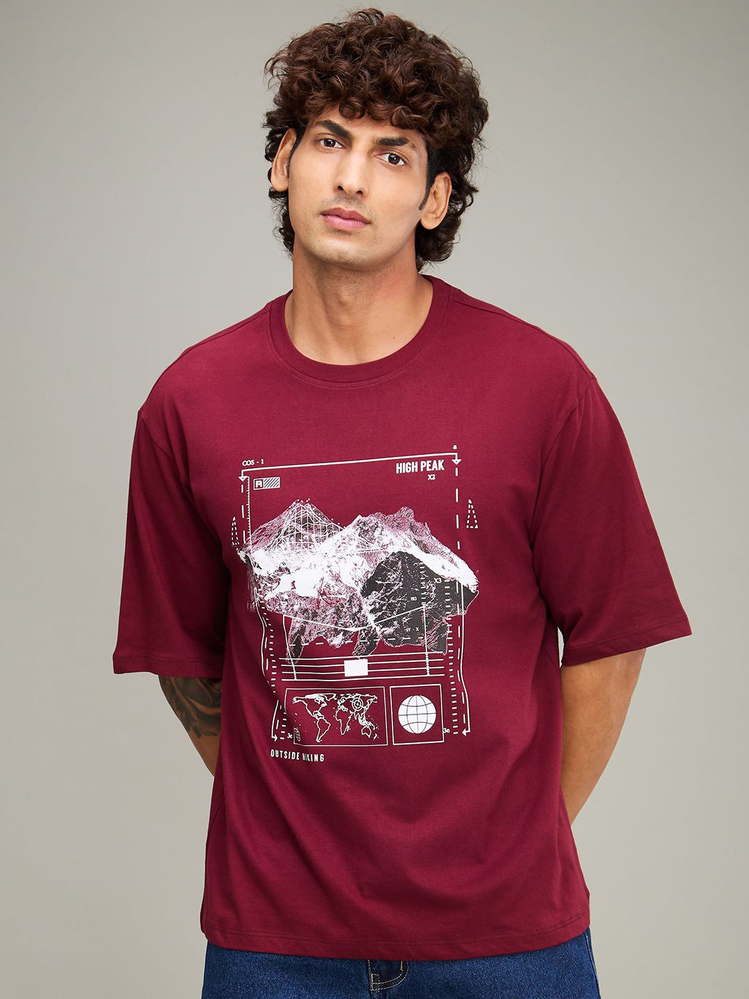 

The Roadster Lifestyle Co Graphic Printed Relaxed-Fit Cotton Tshirt, Maroon