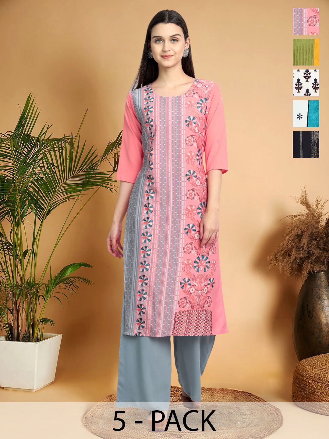 

7Threads Selection Of 5 Floral Printed Round Neck Straight Kurtas, Pink