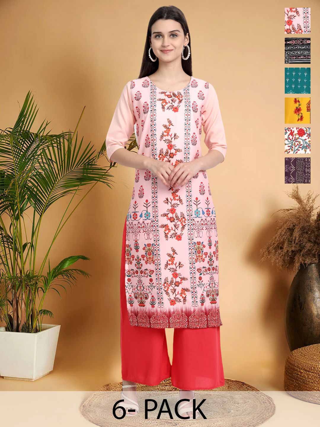 

7Threads Selection Of 6 Ethnic Motifs Printed Round Neck Kurtas, Red