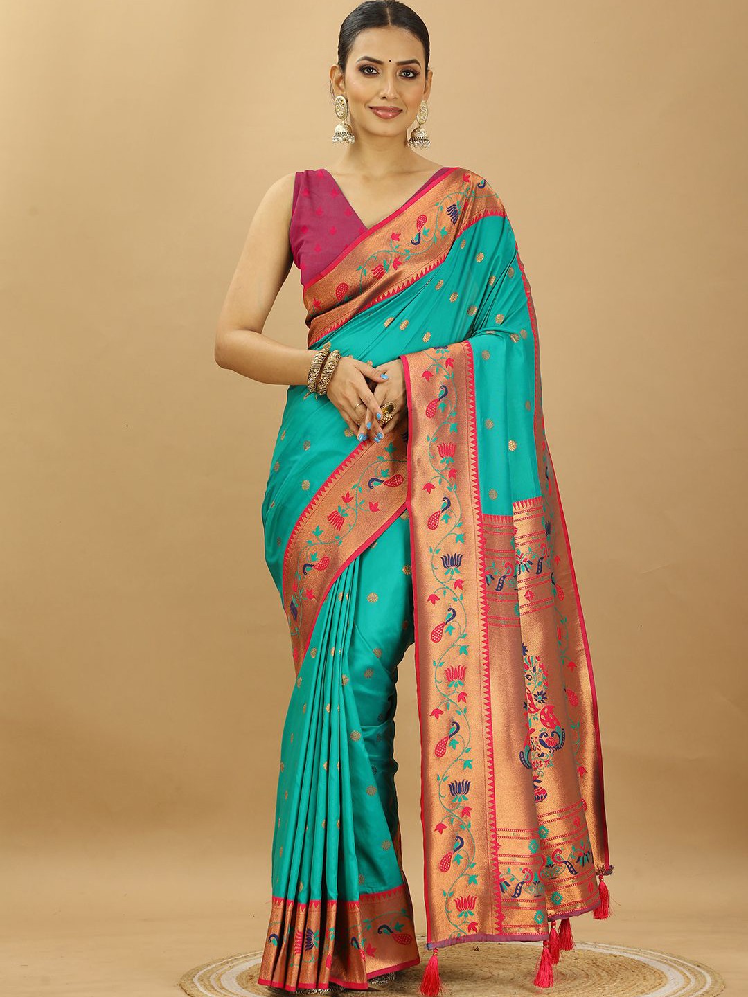 

SWAMI STUDIO Women Woven Design Zari Pure Silk Paithani Saree, Teal