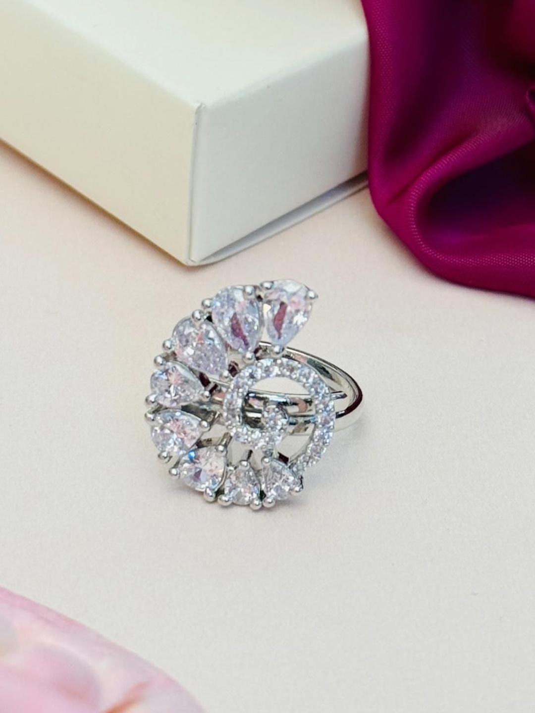

ABDESIGNS Exquisite Silver Plated American Diamond Stone Studded Ring